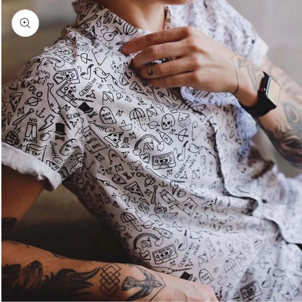 White Graphic Button Down Shirt